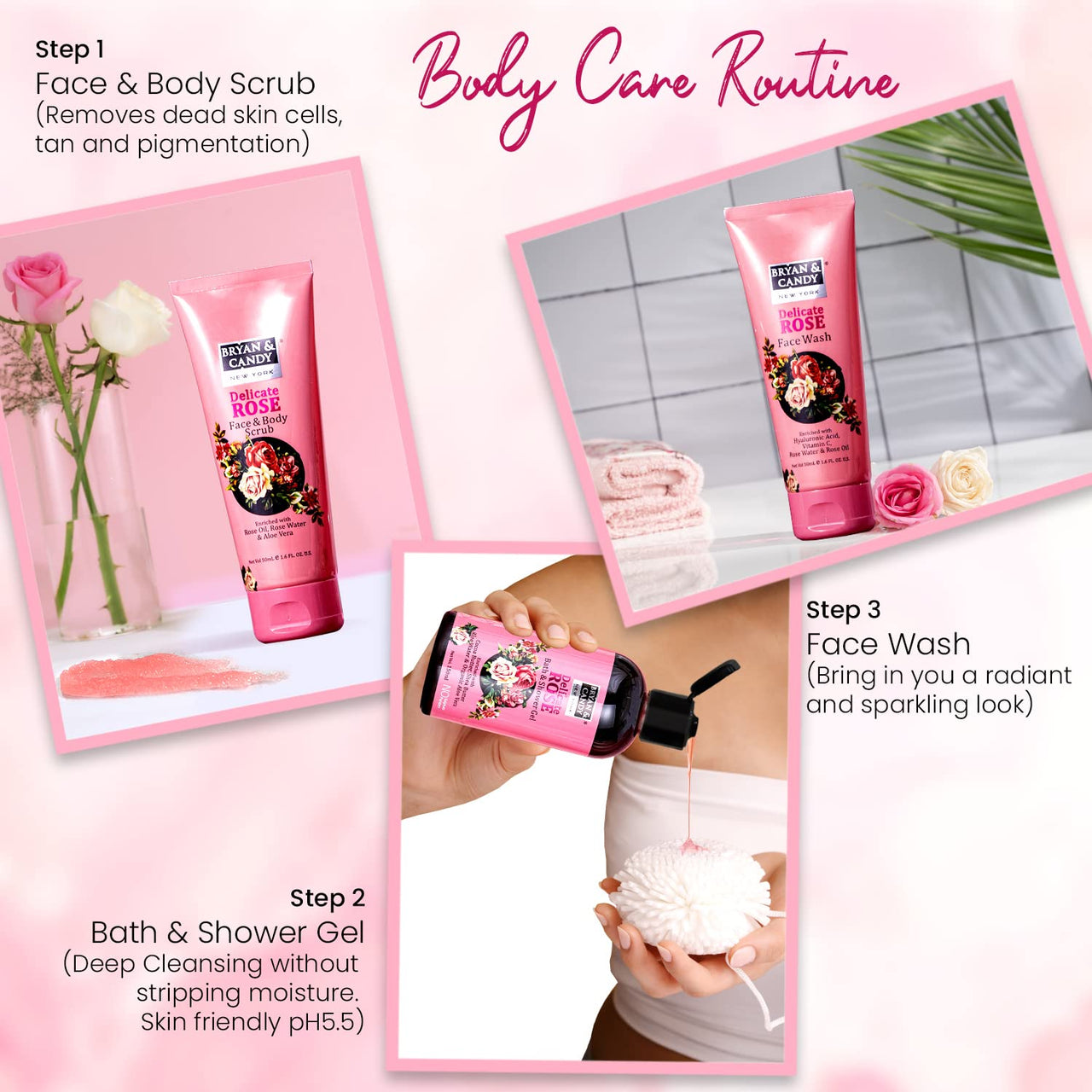Bryan & Candy Romancing The Rose Complete Face & Body Care | Women's Day Gift Set For Women |Shower Gel , Face Wash, Face Scrub , Fragrance Mist, Hand & Body Lotion| 100% Vegan, Skin-Friendly pH 5.5 for All Skin Types,SLS & Paraben Free |