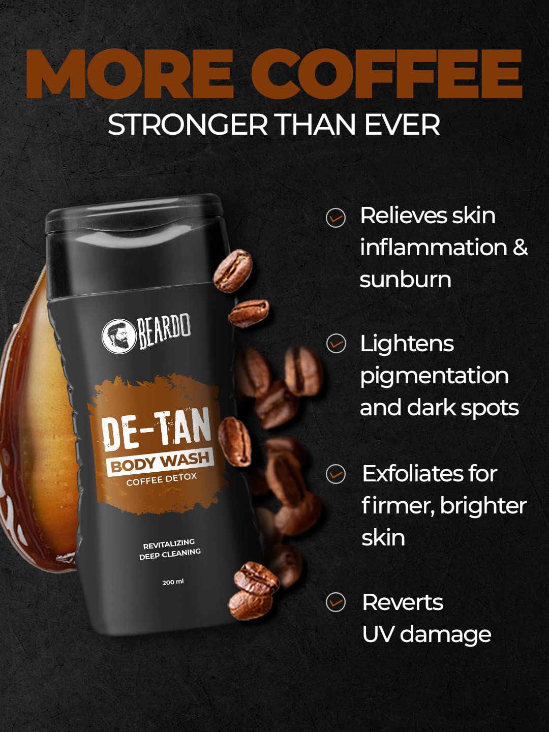 Beardo De-Tan Body Wash for Men, 200ml (Pack of 2) | Tan Removal| Caffeine Body Wash | With Coffee & Aloe Extracts | For Body & Face | Refreshing Fragrance