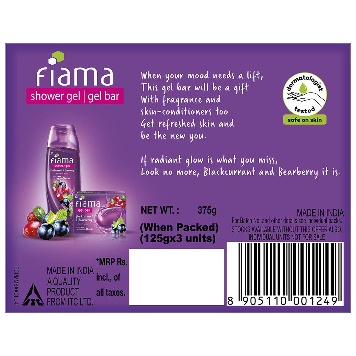 Fiama Gel Bar Blackcurrant And Bearberry for Radiant Glowing Skin, 375g (125g - Pack of 3), with Skin Conditioners, Soap for Women & Men, For All Skin Types