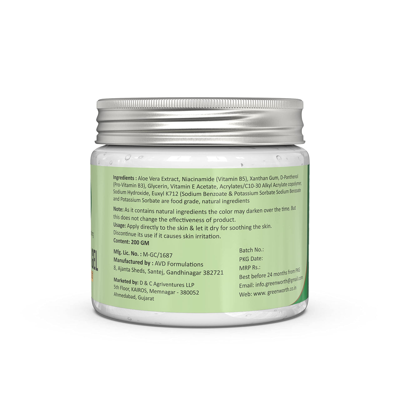 GREEN WORTH Pure Aloe Vera Gel for face, skin and hair | with Vit B3, E and Pro-Vit B5 | 200 gms