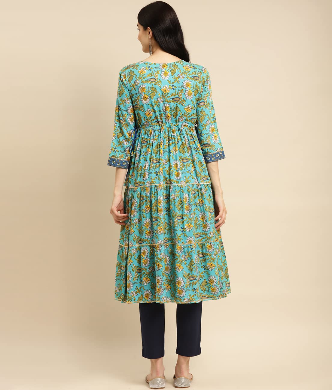 rangita Women Rayon Floral Printed Calf Length Tiered Kurti with Contrast Placket and Side Tie Ups