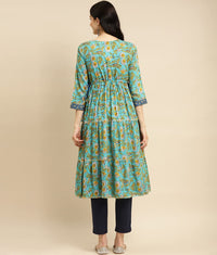 rangita Women Rayon Floral Printed Calf Length Tiered Kurti with Contrast Placket and Side Tie Ups