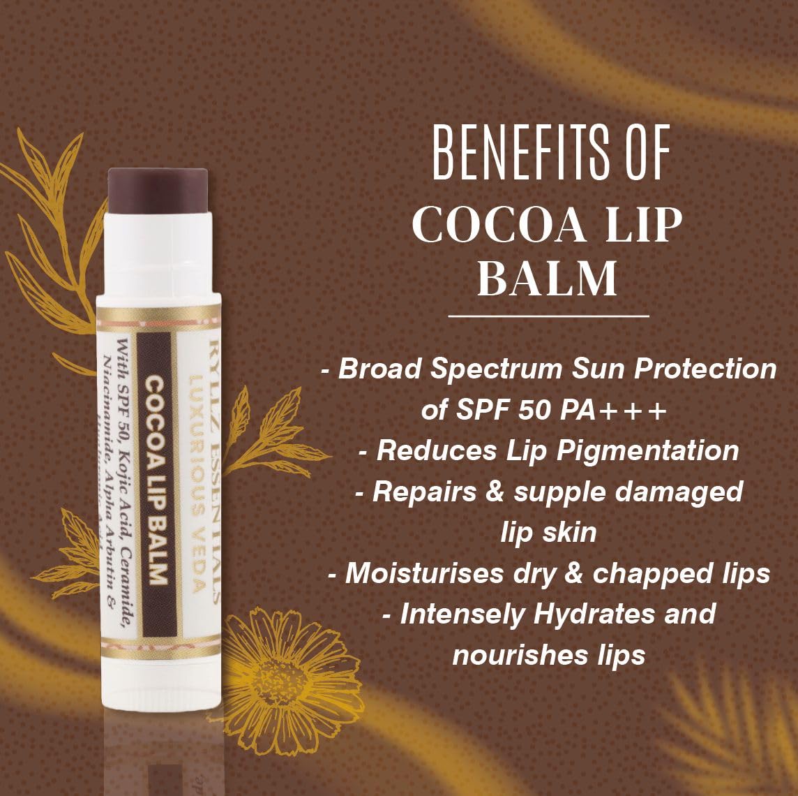 RYLLZ ESSENTIALS Cocoa Lip Balm | SPF 50 PA+++ | With Shea Butter, Kojic Acid, Ceramide, Niacinamide, Alpha Arbutin & Hyaluronic Acid | Brown Tint | For Lip Lightening & Moisturized Lips | 5 Gm