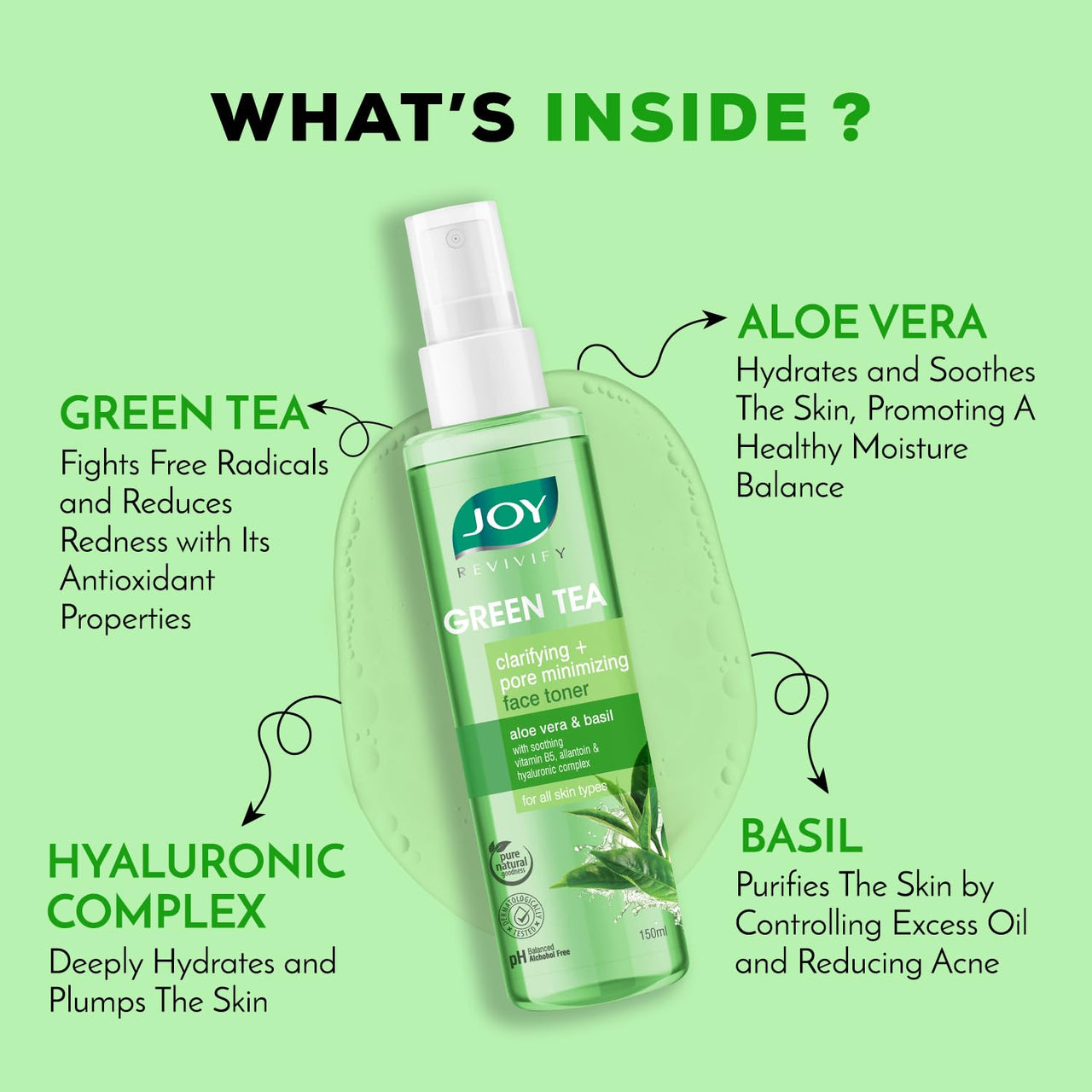 Joy Clarifying & Pore Minimizing Green Tea Face Toner (150ml) | Alcohol Free Toner with Aloe Vera, Vitamin E & Hyaluronic Acid for Hydrating & Refreshing Skin | For All Skin Types