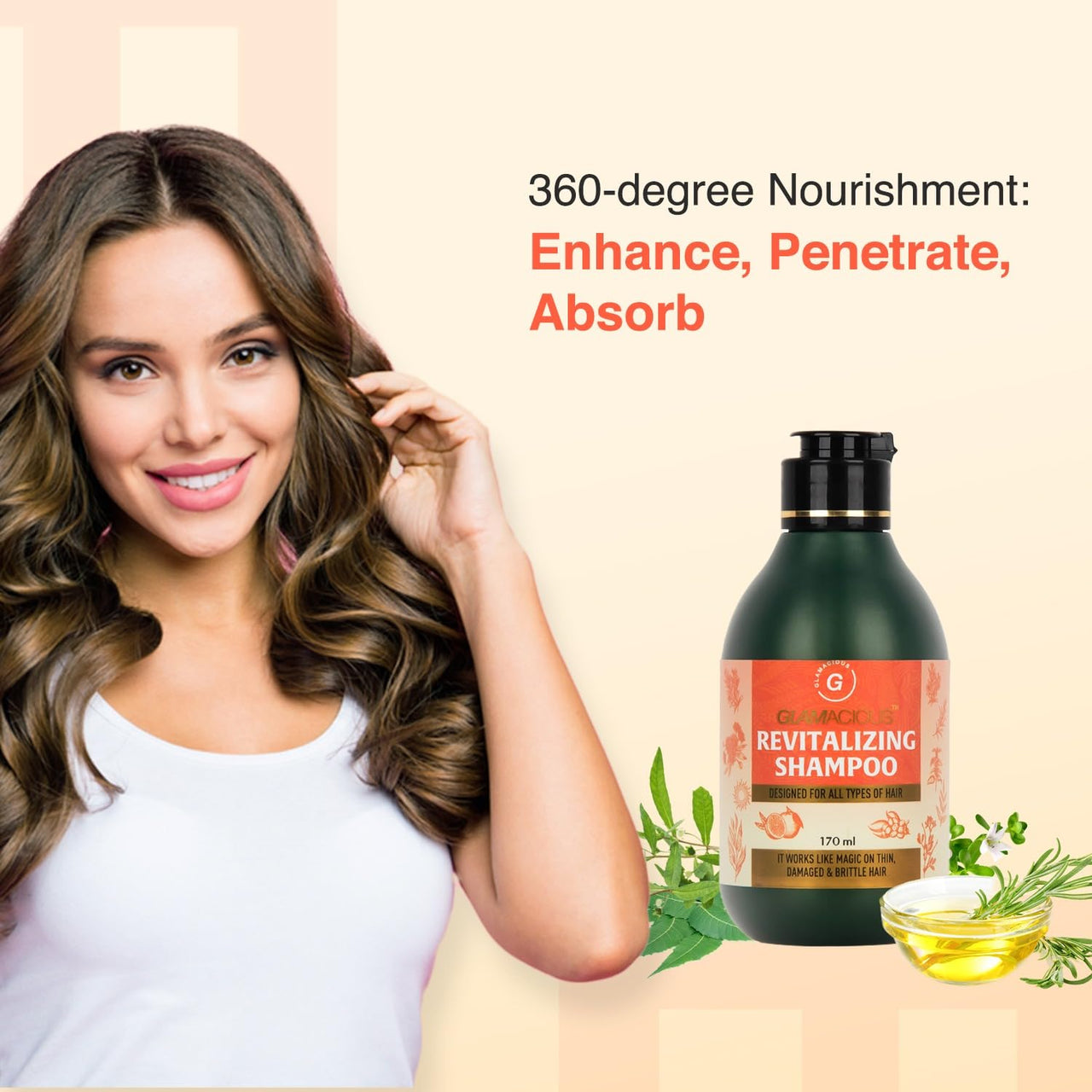 Glamacious Revitalising Shampoo (170ml) | With Bhringraj Extract | Enriched with Brahmi, Neem & Rosemary | Hair Growth & Hair Fall Control | Hair Strengthening & Nourishing | For all hair Types
