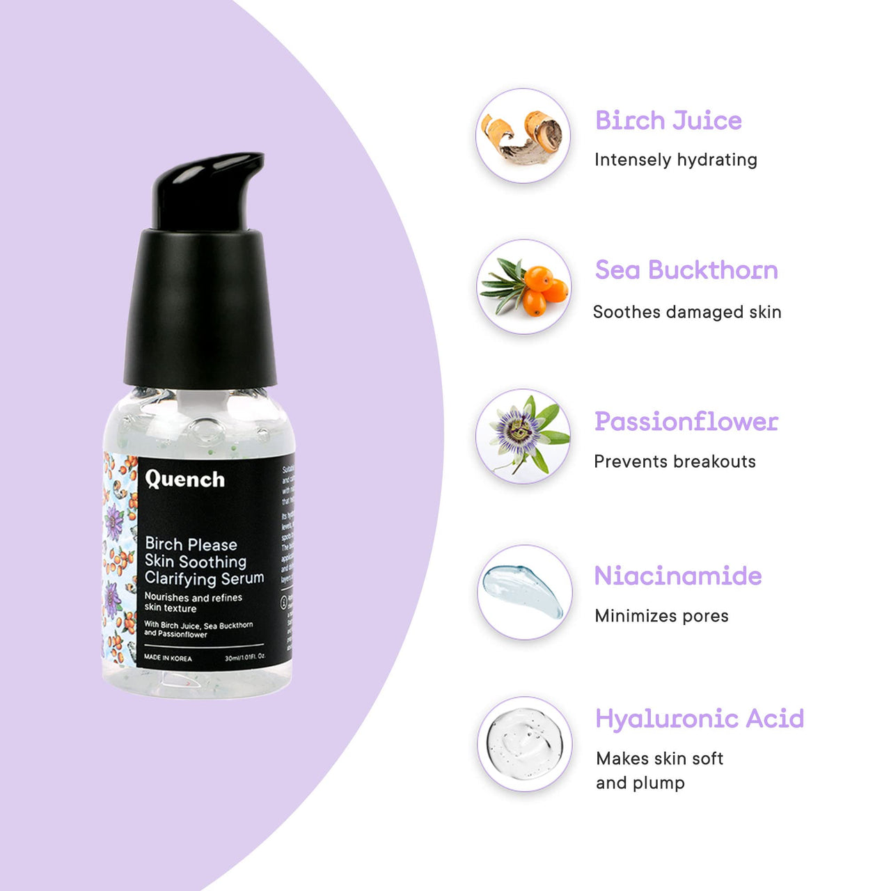 QUENCH BOTANICS Skin Soothing Clarifying Serum With Hyaluronic Acid & Birch Juice Enzymes | Instantly Hydrates | Lightens Spots & Evens Out Skin Tone | Made In Korea (30Ml)