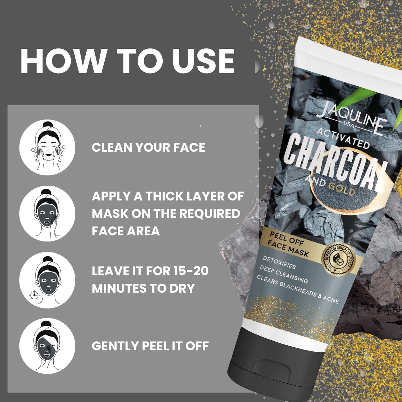 Jaquline USA Activated Charcoal and Gold Peel Off Face Mask for Men & Women Both | contains activated charcoal infused with gold dust | Defeat Blackheads & Whiteheads | control signs of ageing and giving your skin a radiant glow |Dermatologically Tested |