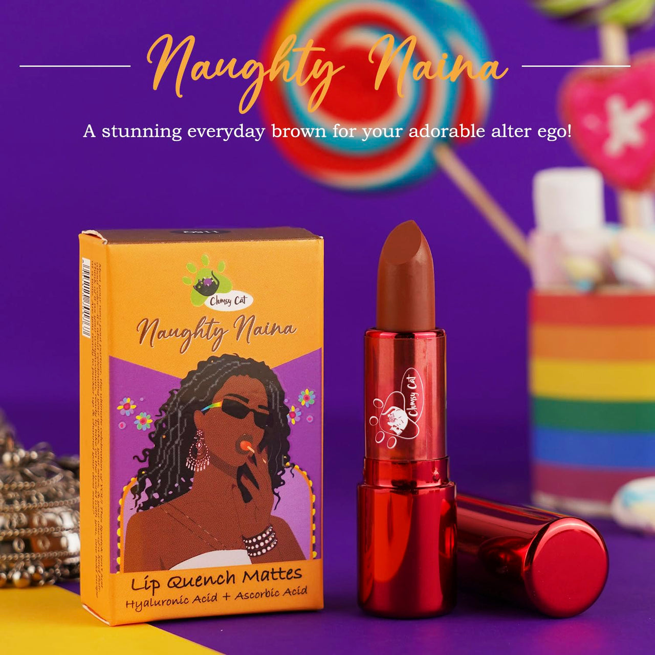 Clumsy Cat Moisturizing Naughty Naina Lipstick - Ash Brown | Enriched with Hyaluronic & Ascorbic Acid | Keep Lips Moisturised | Long-Lasting, Non-Sticky & Hydrating | Perfect for Daily Use & Dusky Skin