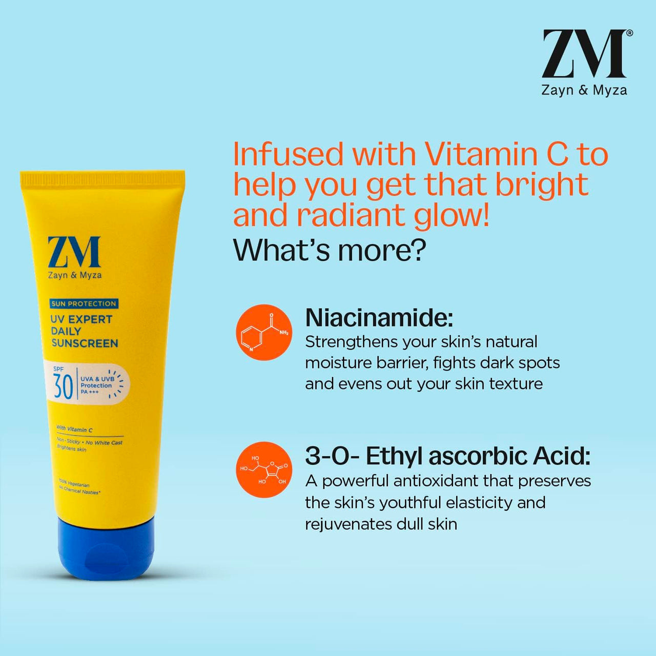 ZM Vitamin C UV Expert Daily Sunscreen SPF 30 PA +++ For Bright & Glowing Skin | UV Protection | For Dull Skin | Non-Greasy, Quick-Absorbing | UVA UVB Sun Protection | For Women & Men - 50 gm