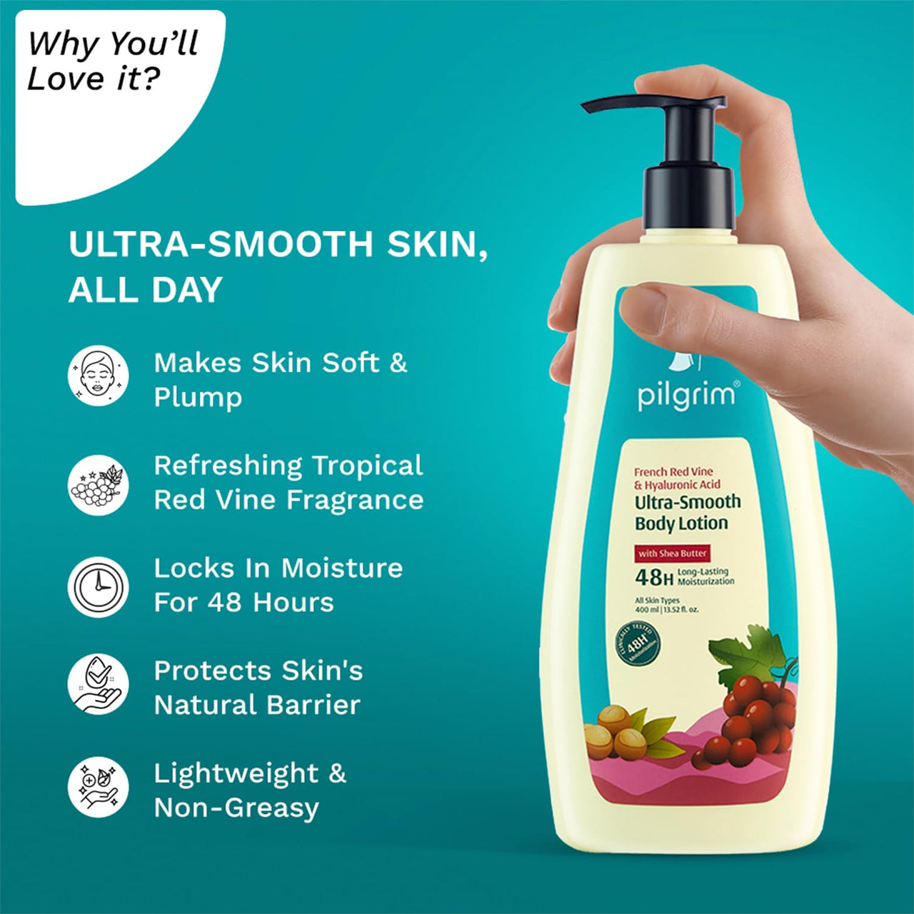 Pilgrim French Red Vine & Hyaluronic Acid Ultra Smooth Body Lotion 400ml | 48H Moisturization | Body lotion for dry skin | Body lotion for winter | Infused With Shea Butter | For All Skin Types