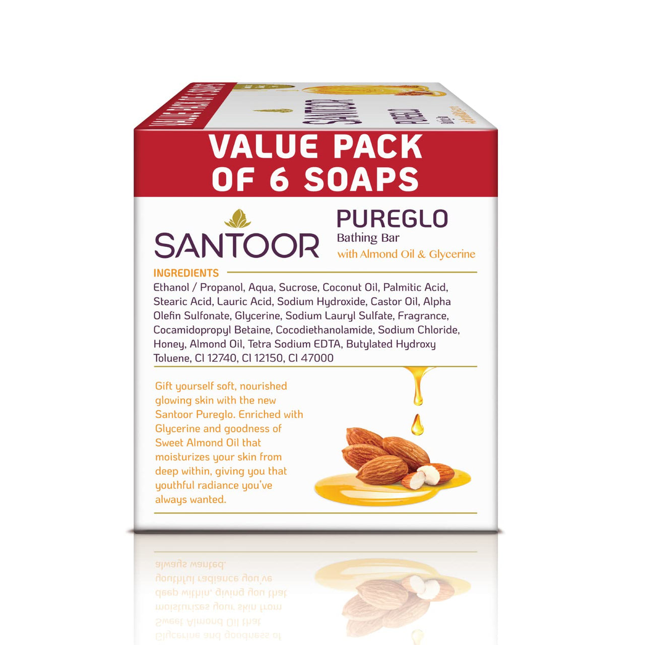 Santoor PureGlo Glycerine Bath Soap with Almond Oil for moisturized, nourished and shining Skin, Combo Offer 125g Pack of 12