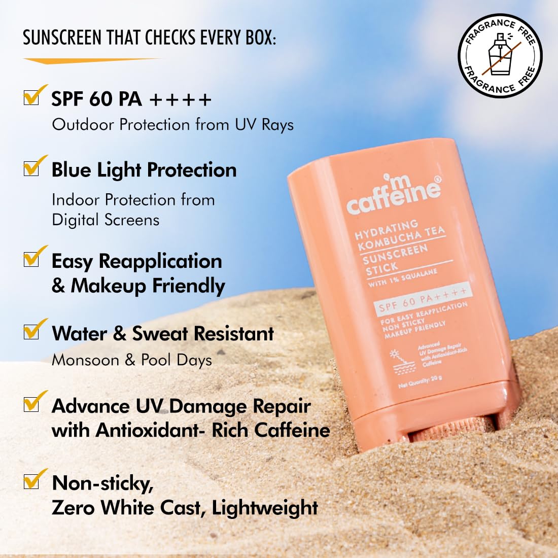 Mcaffeine Hydrating Sunscreen Stick Spf 60 Pa++++ With 1% Squalane, Ceramides, Hyaluronic Acid & Kombucha Tea For All Skin Type, Uva-Uvb & Blue Light Protection + Barrier Repair|For Men & Women, 20G
