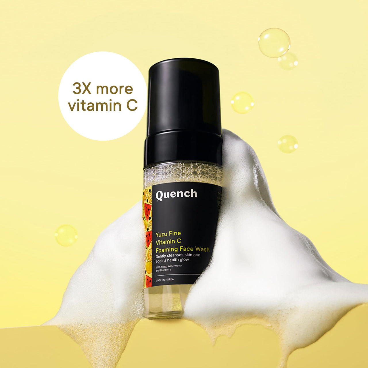 Quench Yuzu Vitamin C Foaming Face Wash for Brighter & Glowing Skin (3X More Vitamin) | Removes Makeup, Dirt & Impurities | Gently Exfoliates | Prevents Acne & Blackheads | Made in Korea (100ml)