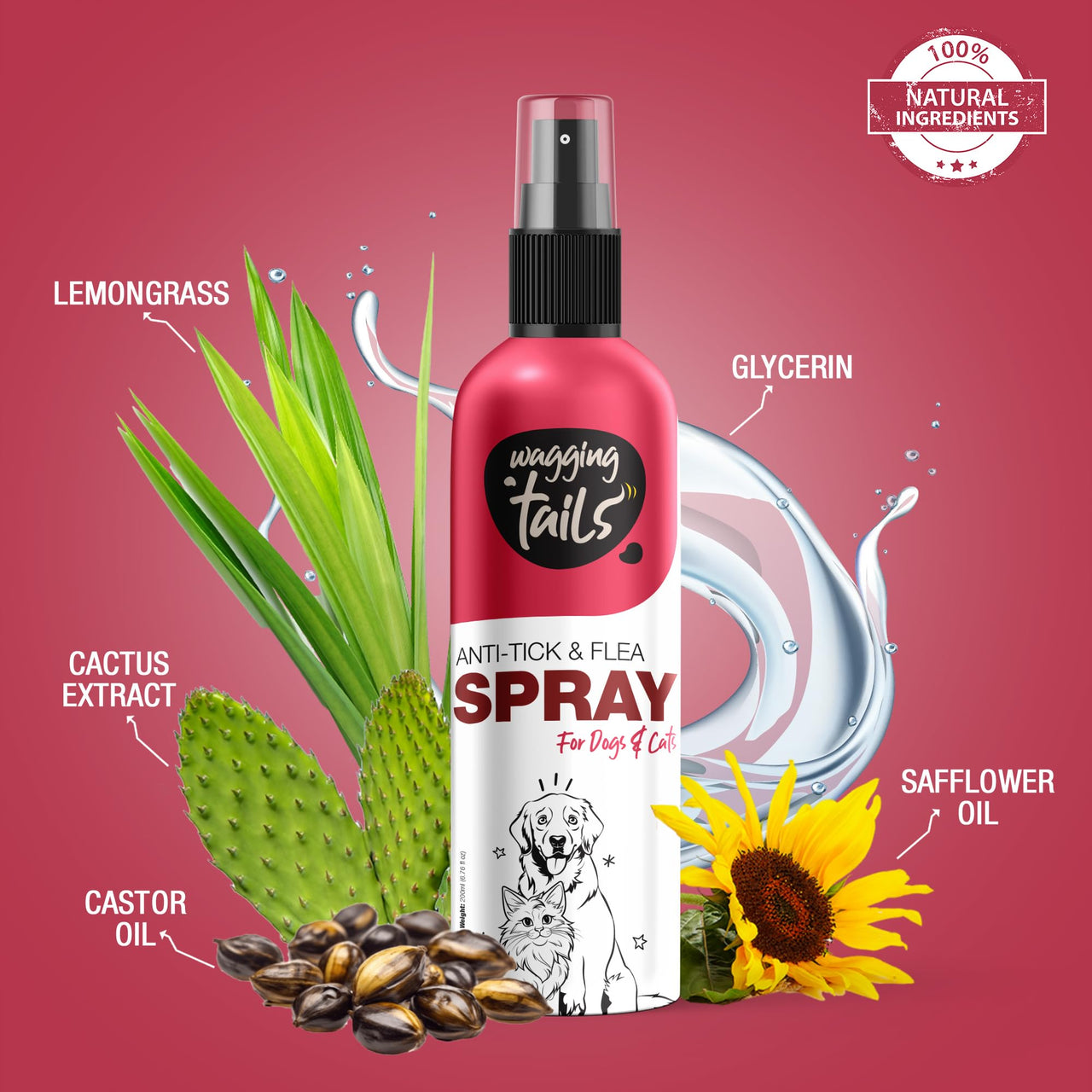 Wagging Tails Anti-Tick & Flea Spray for Dogs & Cats - 200ml | Reduces Flea Allergies, Ticks & Skin Irritations | Natural Ingredients, Easy to Apply | Non-Toxic, Safe for Pets