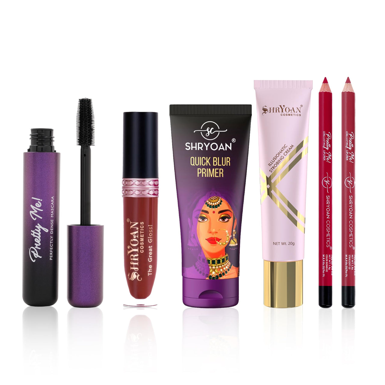 SHRYOAN Makeup Combo Set | Strobing Cream, Primer, Lip-Liner, Liquid Lipstick & Mascara Combo | Long Lasting, For All Skin Types | 100% Vegan & Cruelty-Free (5 Items Makeup Combo in the One Set)
