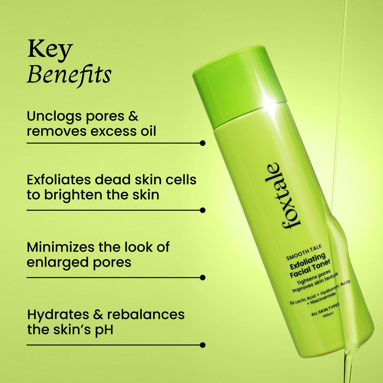 Foxtale Exfoliating Face Toner with 5% Lactic Acid for Pore Tightening & Gentle Exfoliation, Alcohol Free Toner for Glowing Skin, For All Skin Types, Men & Women, 150 ml