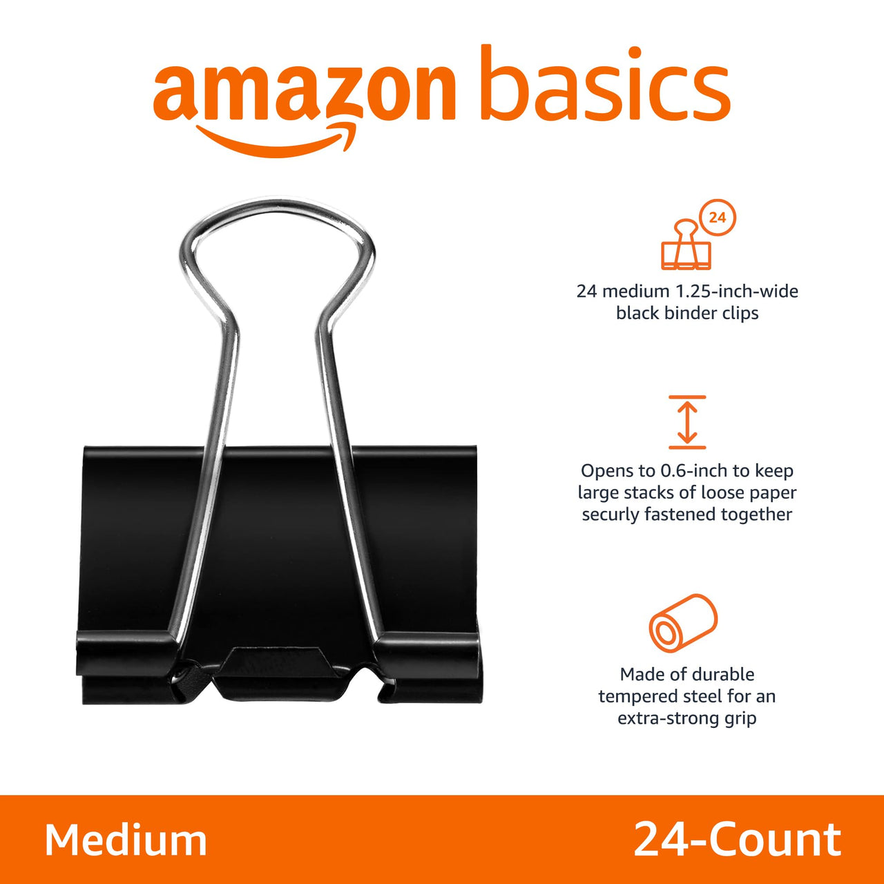 Basics Binder Paper Clips, Medium Clip (Small Box), 24 Count, 2 Pack of 12, Black Medium Clips (2-Pack)