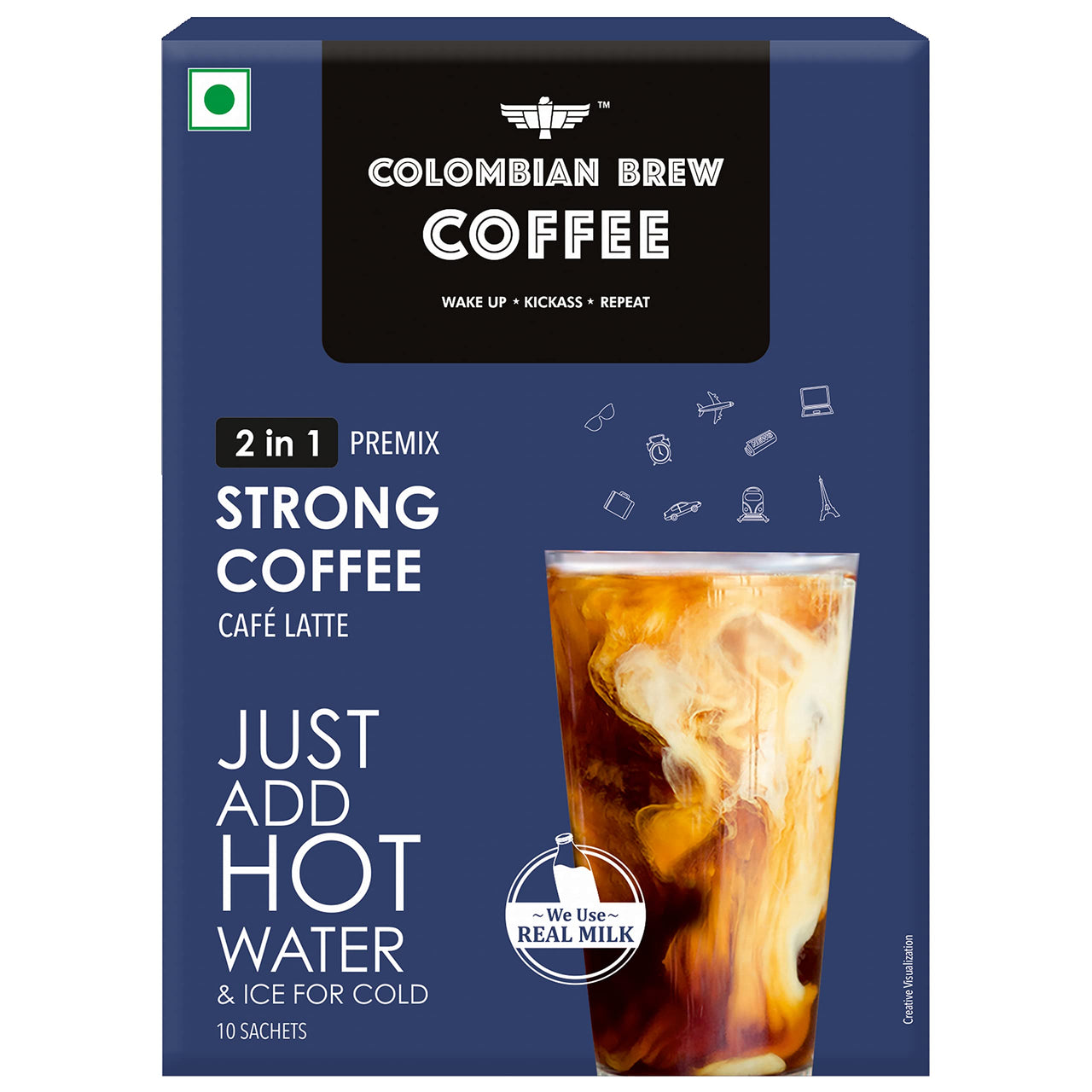 Colombian Brew 2 in 1 Instant Coffee Powder Premix unsweetened No sugar, 10 Sachets Box