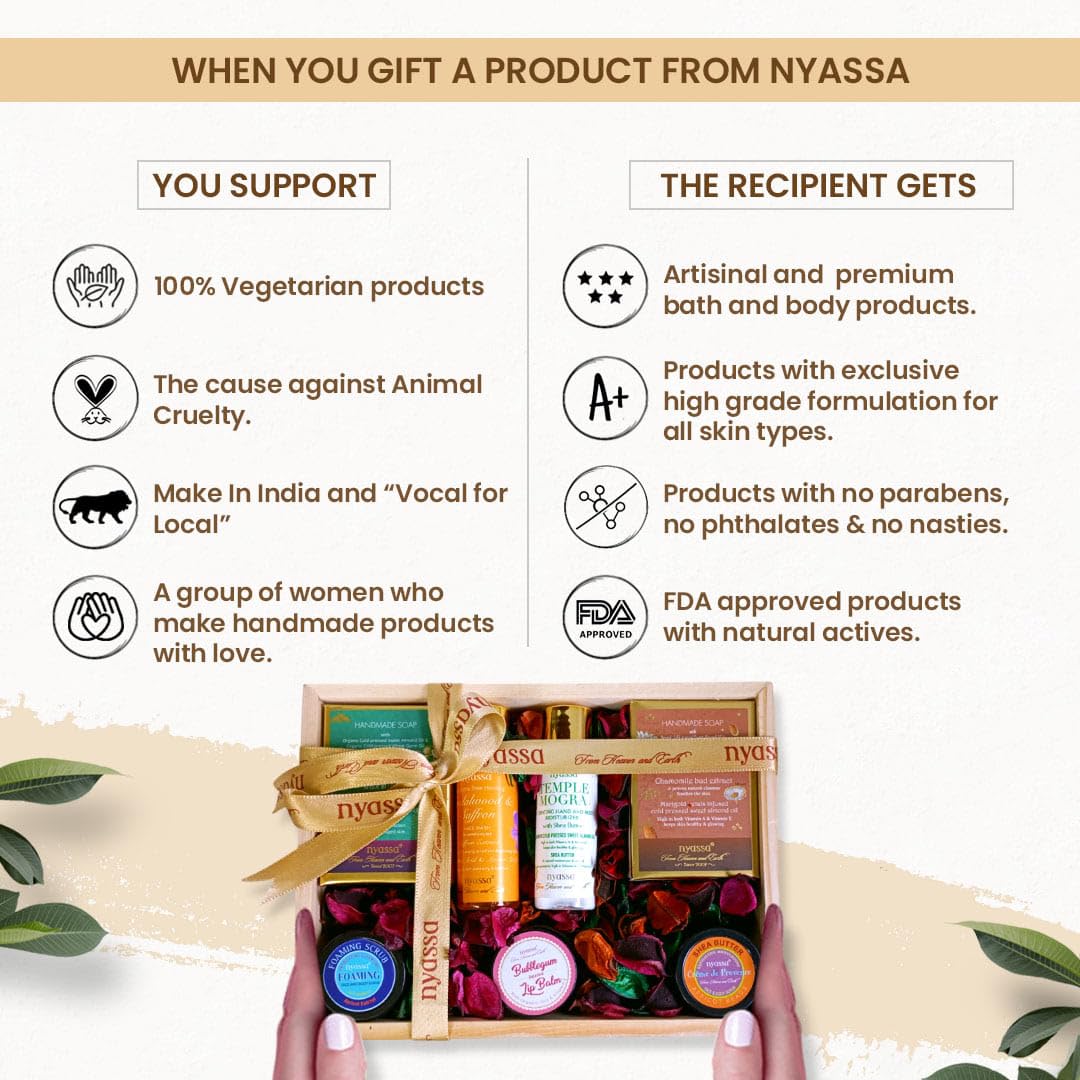 NYASSA Premium Bath and Body Treats Wooden Gift Set for Women & Men | Wooden Gift Box To Pamper Your Loved Ones | Perfect for Every Occasion | Pack of 7