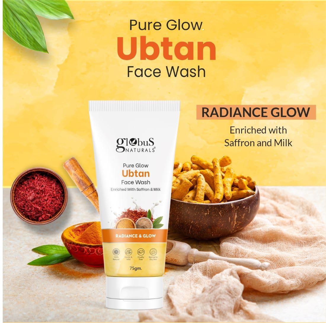 Globus Naturals Pure Glow Ubtan Face Wash, Enriched With Saffron & Milk, For Radiance & GLow, Natural, Gentle & Mild, Suitable For All Skin Types, 75 gm (Pack of 2)