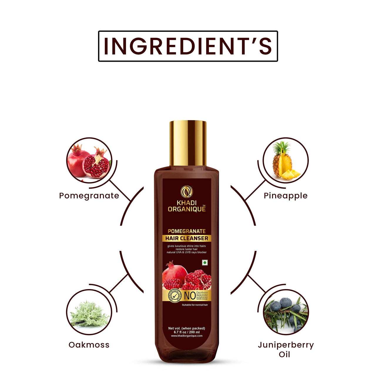 KHADI ORGANIQUE Pomegranate Hair Cleanser Natural UVA & UVB Rays Blocker (SLS & PARABEEN FREE) 200ML