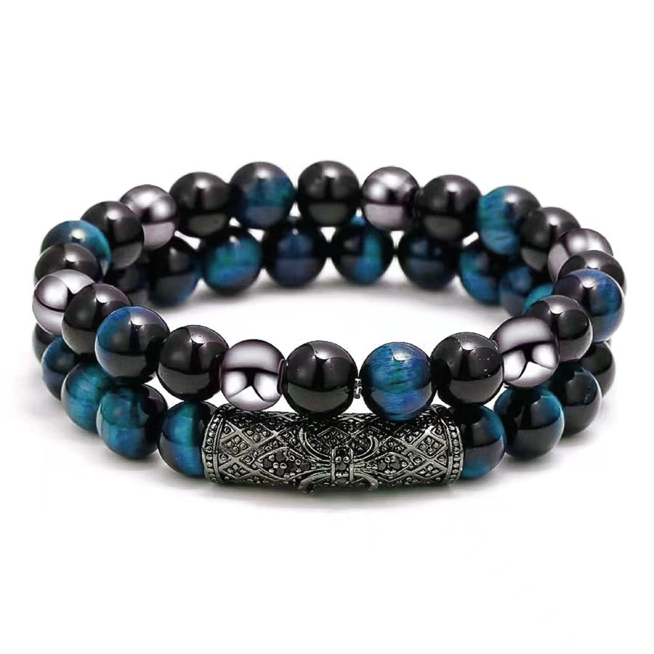 2Pcs Triple Protection Bracelet,Natural Tigers Eye Black Obsidian and Hematite 8 MM Beads Bracelet for Men Women Gift, Healing Crystal Bracelet Bring Luck and Prosperity and Happiness (Lake Blue) Lake Blue