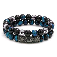 2Pcs Triple Protection Bracelet,Natural Tigers Eye Black Obsidian and Hematite 8 MM Beads Bracelet for Men Women Gift, Healing Crystal Bracelet Bring Luck and Prosperity and Happiness (Lake Blue) Lake Blue