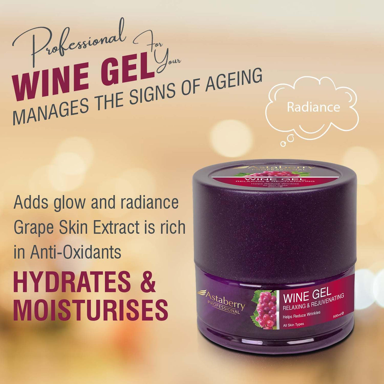 Astaberry Professional Wine Gel 500ml - Improves Skin Moisturization | Firmness & Elasticity | Relaxing & Rejuvenating | Reduce Fine Lines & Replenish Depleted Moisture