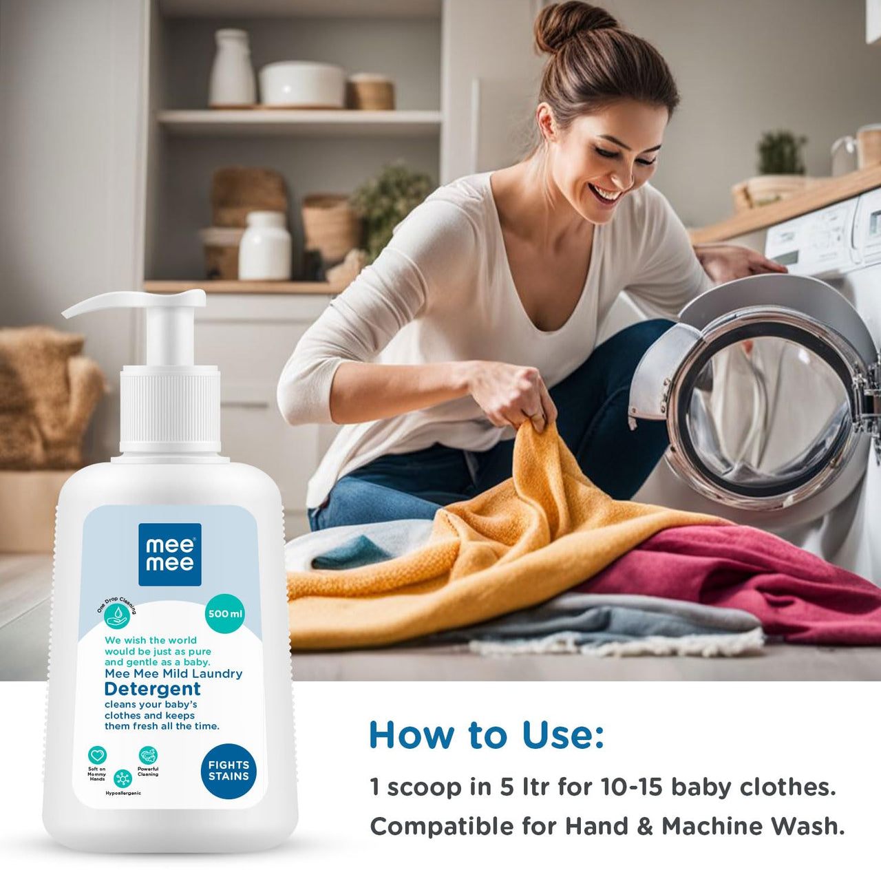 Mee Mee Baby Liquid Detergent 500 ml | Ph balanced, Free from Harsh Chemicals, Safe for mother's hands & baby's skin | Anti-Bacterial, Removes Stains & Odor with One Drop, Hypoallergenic