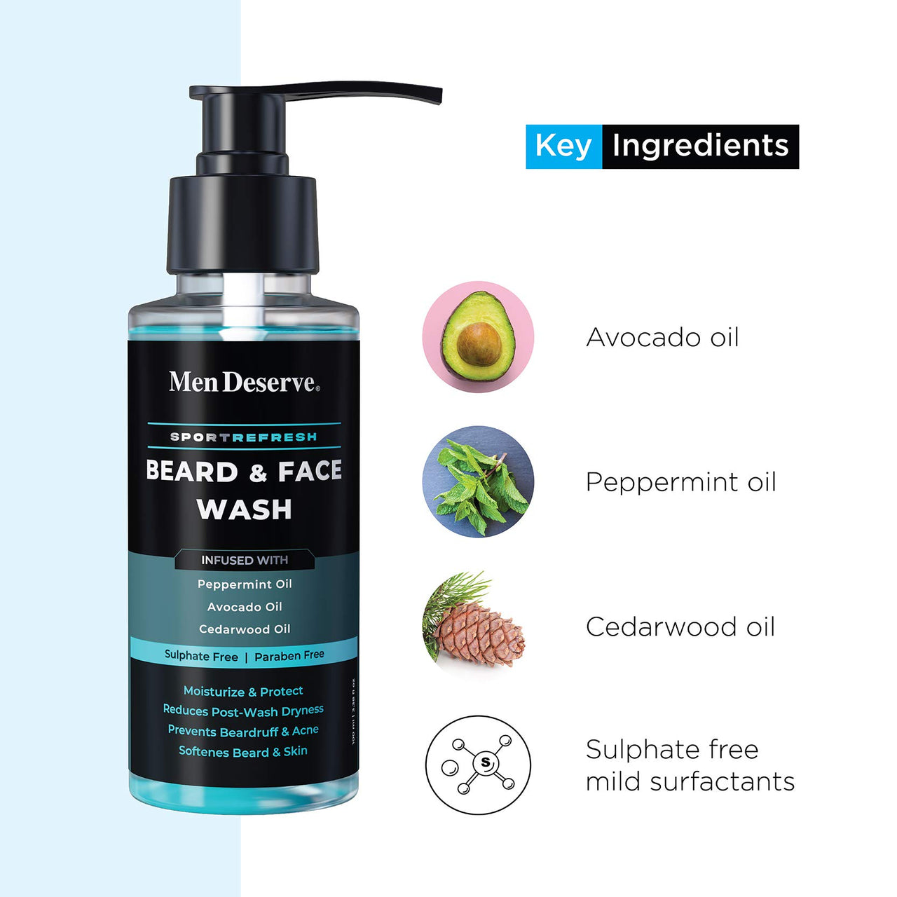 Men Deserve Sport Refresh Beard & Face Wash With Peppermint Oil Avocado Oil & Cedarwood Oil (Sulphate Free & Paraben Free) 100ml