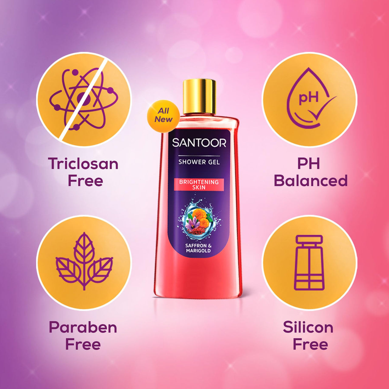 Santoor Brightening Shower Gel With Natural Saffron & Marigold Extracts| For Men & Women| For Glowing Skin| Suitable For All Skin Types| No Parabens| No Silicones| 250ml
