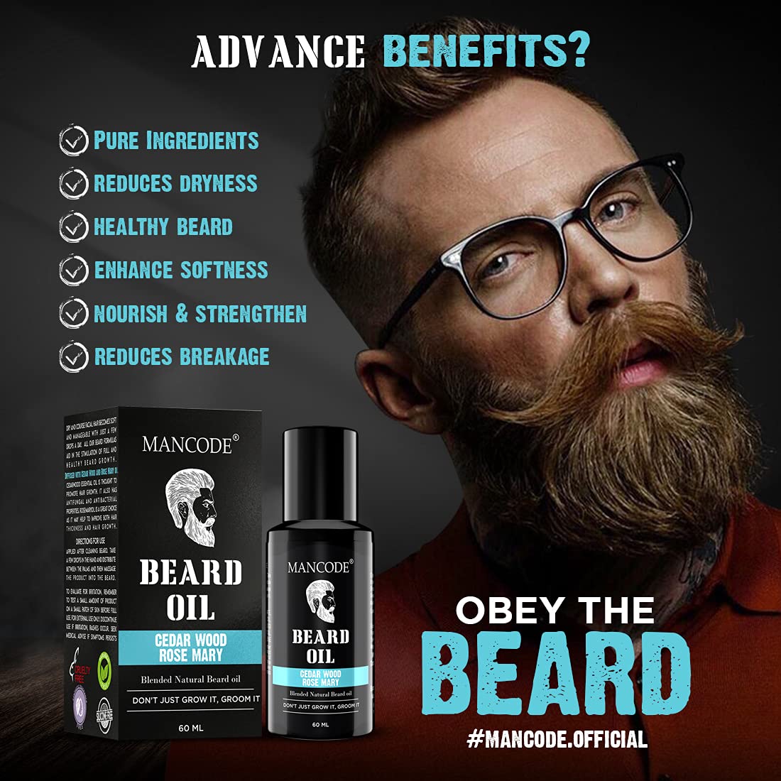 Mancode Beard Growth Oil for Men - 60ml More Beard Growth, With Cedarwood & Rose Mary Natural Oils including Vitamin E, Nourishment & Strengthening, No Harmful Chemicals