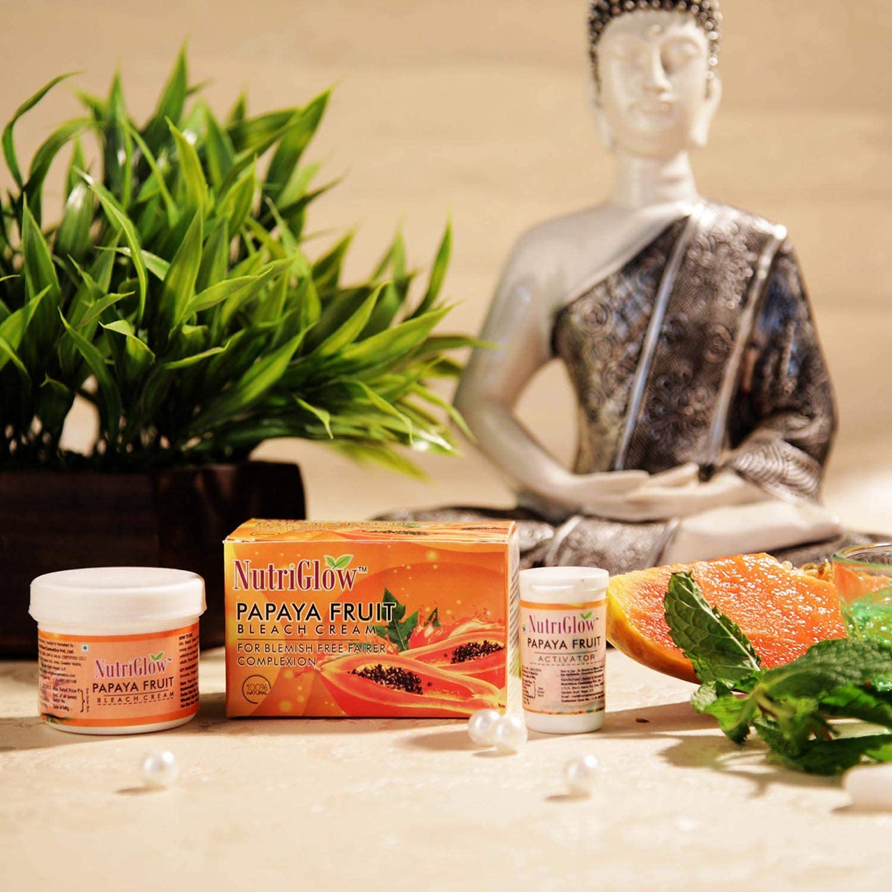 NutriGlow Papaya Fruit Facial Kit(250gm + 10ml) & Papaya Fruit Beach Cream(43gm) for Youthful Glow, Deep Exfoliation, All Skin Types, Pack of 2