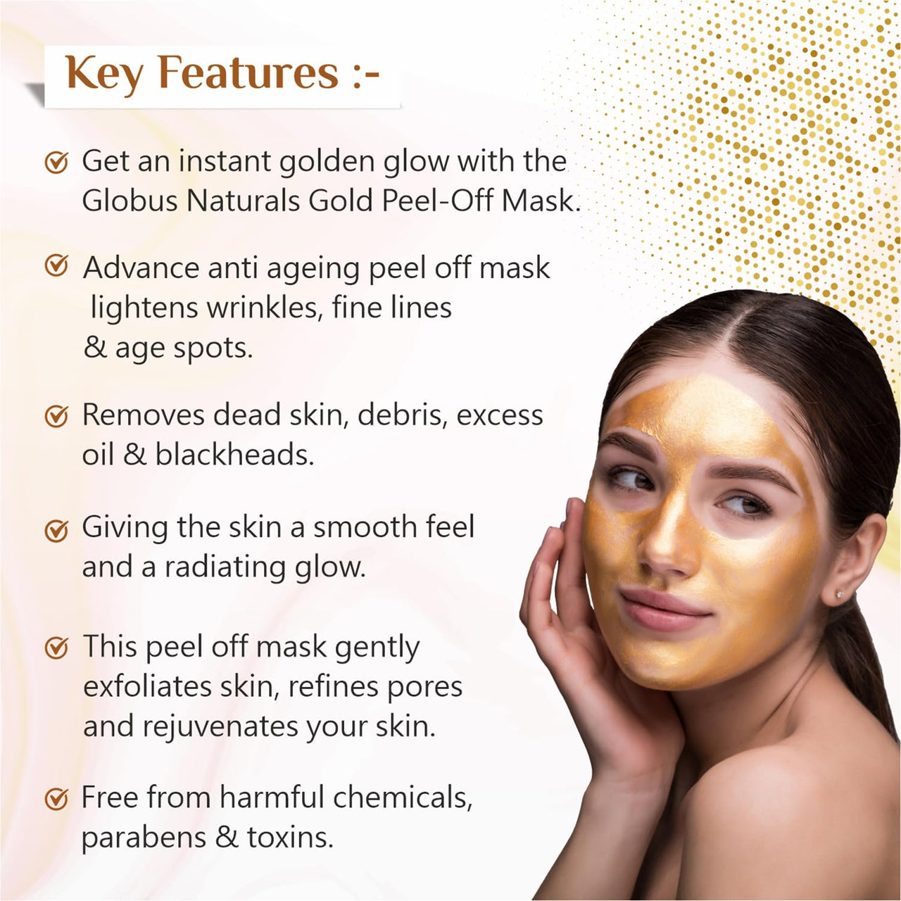 Globus Naturals Gold Peel Off Mask Enriched with Vitamin-E, For Golden Glow & Radiance, For Both Men & Women, Suitable For All Skin Types, 100g, Pack Of 3