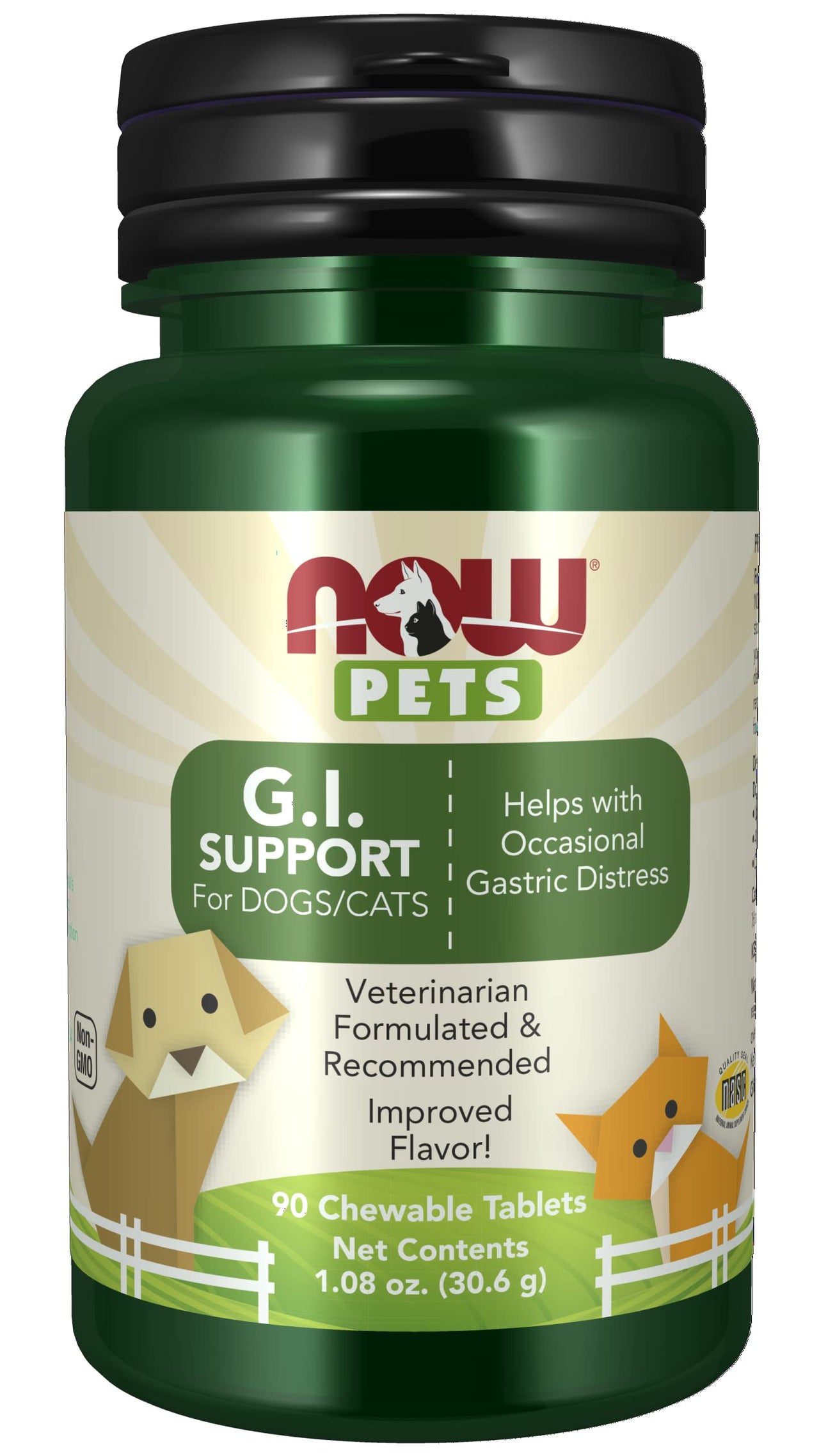 NOW Pet Health, G.I. Support Supplement, Formulated for Cats & Dogs, NASC Certified, 90 Chewable Tablets Light Brown