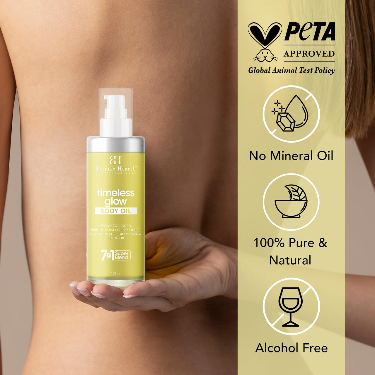 Botanic Hearth Timeless Glow Body Oil 100 ml - Anti-Aging Hydrating Oil with Vegan Collagen, Sprout Stem Cell Extract, Mango Butter, Grapeseed & Lemon Oil for Soft & Youthful Skin for Men & Women - in a Premium Glass Bottle