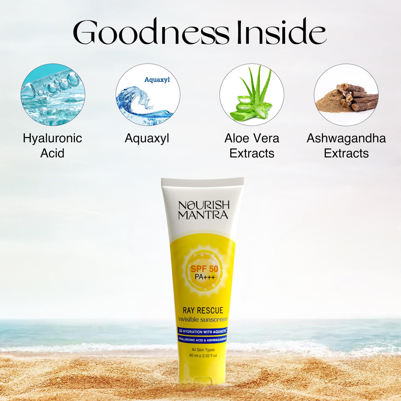 Nourish Mantra Ray Rescue Sunscreen/Sunscreen SPF 50/ With Hyaluronic Acid, Aquaxyl, Aloe Vera Extracts & Ashwagandha Extracts/No White Cast/For Both Men & Women / 60 ml (Pack of 1))