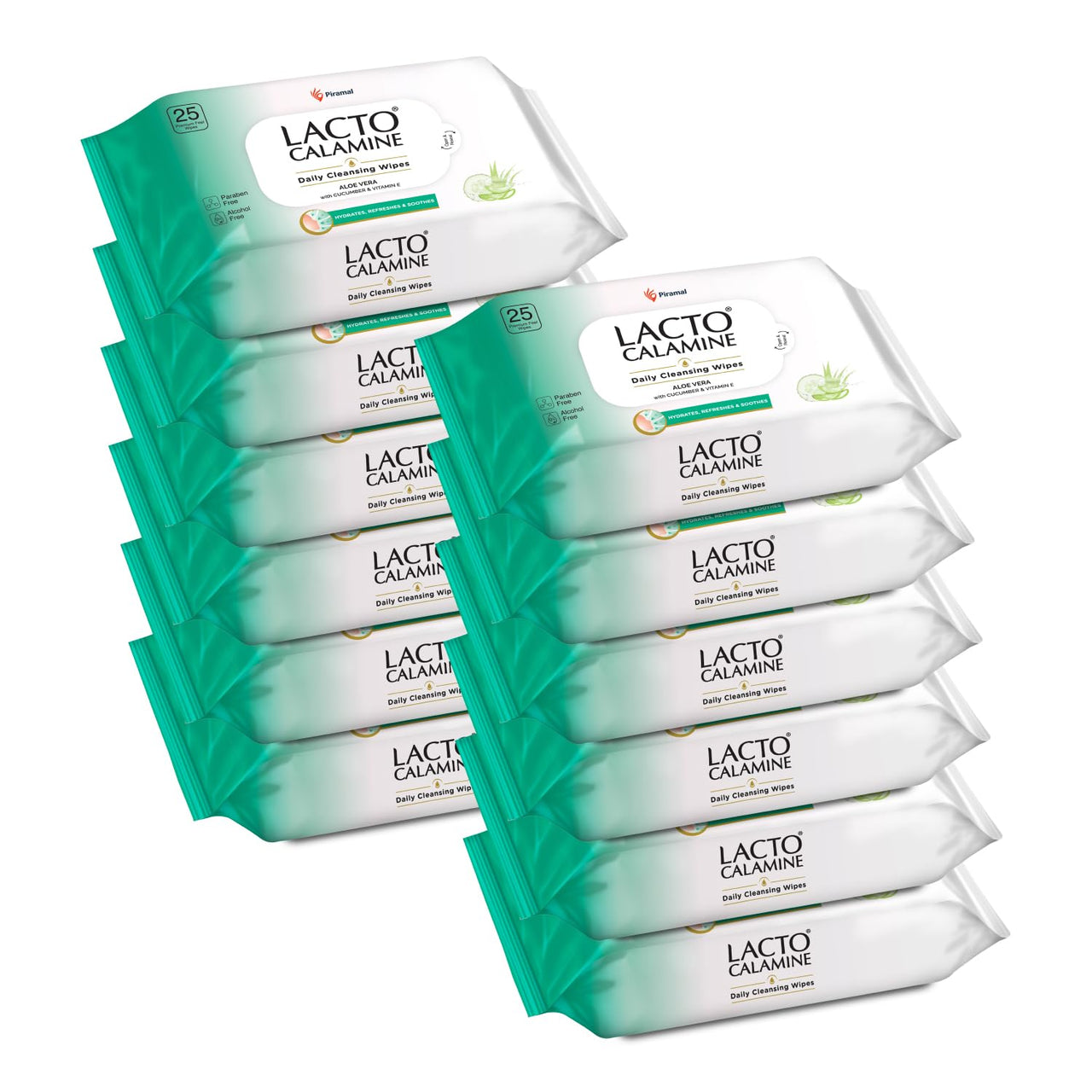Lacto Calamine Daily Cleansing Facial Wipes 25N Each- Pack of 12 | Wet Wipes for Face with Aloe Vera, Cucumber & Vitamin E | Makeup Remover Wipes| Hydrating,Refreshing, Soothing|Paraben & Alcohol Free