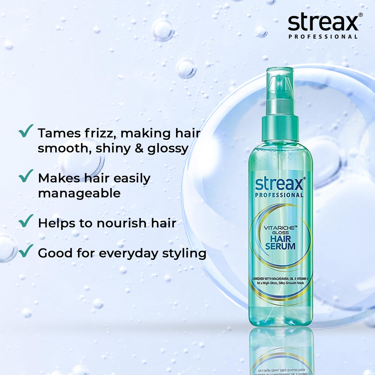 Streax Professional Vitariche Gloss Hair Serum, 125 ml | Frizz-Free Hair | Enhance Shine and Smoothness | With Vitamin E & Macadamia Oil| | For All Hair Types