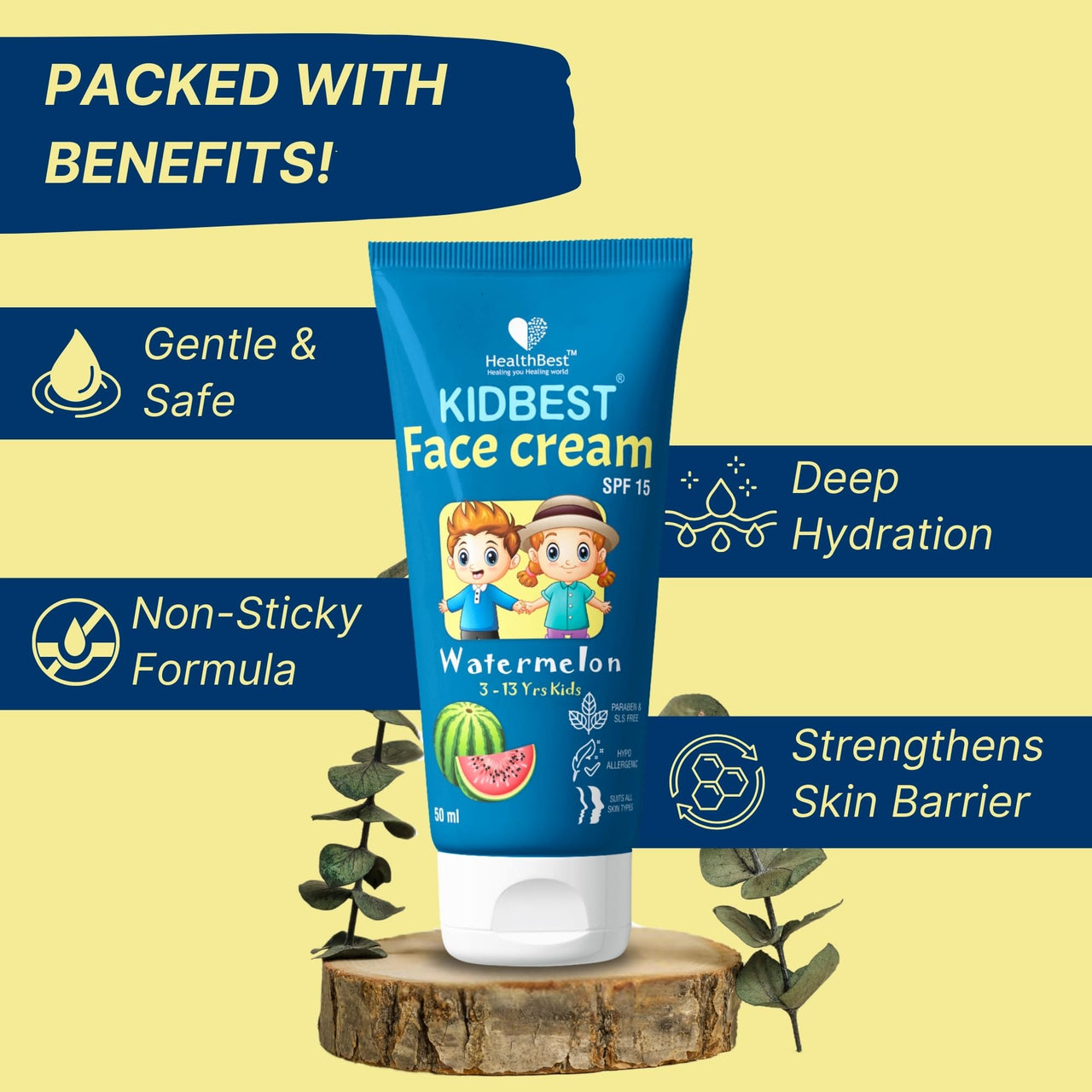 Healthbest Kids Face Cream SPF 15, 50ml - Organic, Gentle Baby Safe, Tear-Free, Paraben-Free, SLS-Free, Sensitive Skin Lotion, Watermelon Flavor