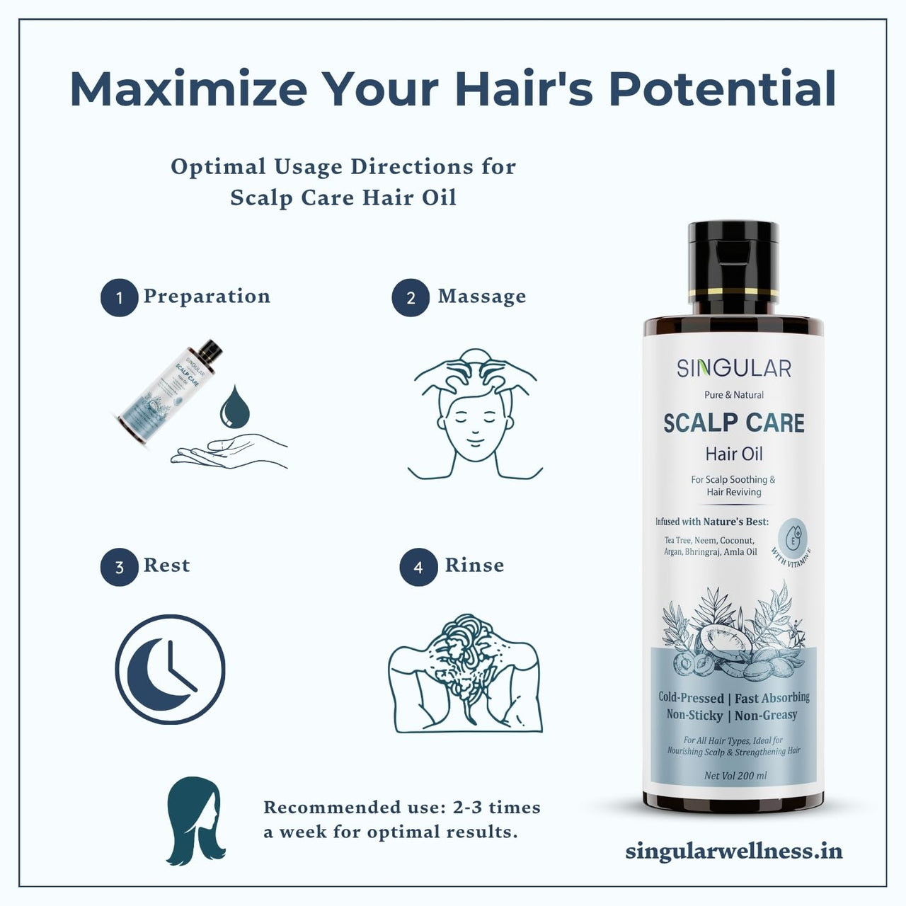 Singular Scalp Care Hair Oil for Itchy Scalp, Soothing & Sebum Control, Cold-Pressed with Tea Tree, Neem, Argan & More - 200ml