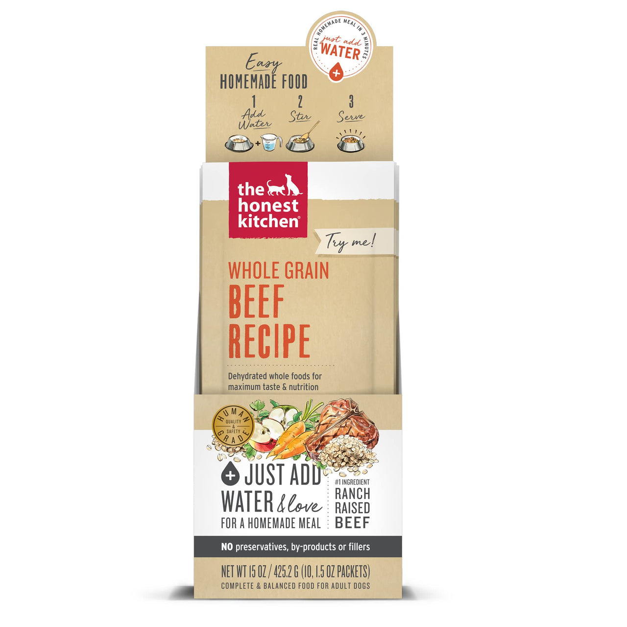 The Honest Kitchen Human Grade Dehydrated Whole Grain Dog Food  Complete Meal or Dog Food Topper  Beef 10-Pack of 1.5 oz Sachets