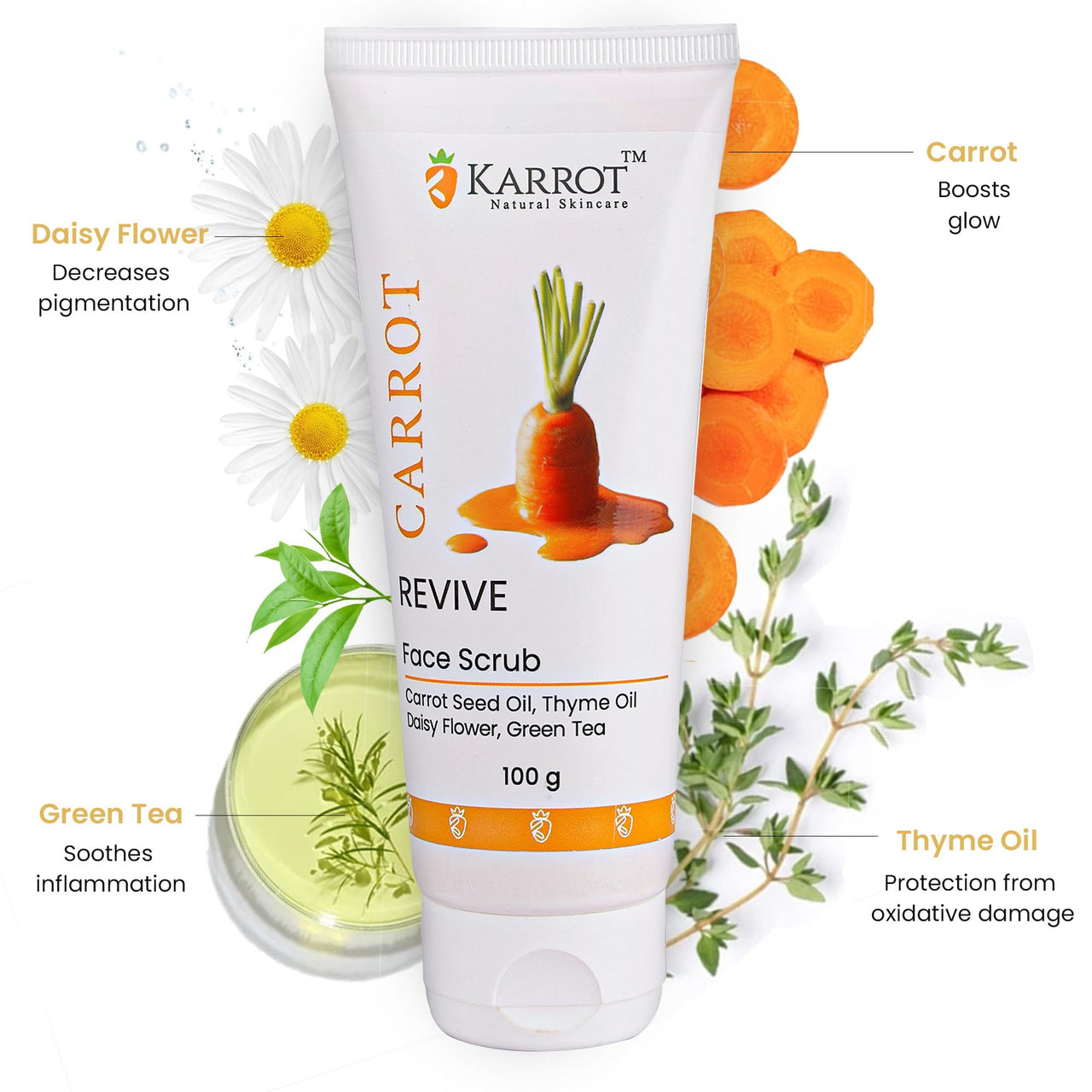 Karrot Natural Skincare Carrot Exfoliating Scrub for Glowing and Brightening Skin, Revitalizes Dullness and Rejuvenates, Contains Green Tea, Thyme Oil, For Men and Women, All Skin Types, 100gms