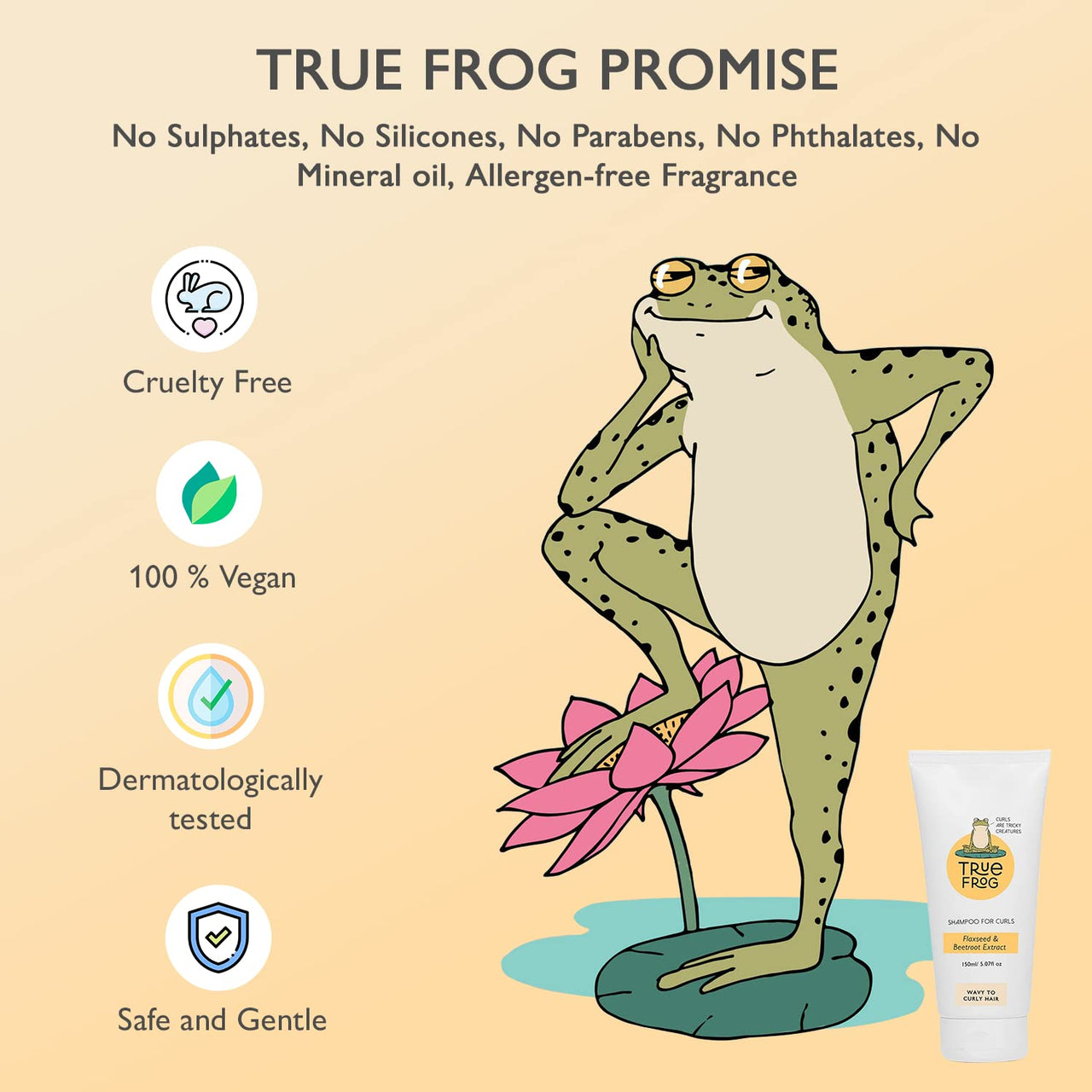 TRue FRoG Shampoo For Curly, Wavy, Dry and Frizzy Hair With Flaxseed and Beetroot Extract For Cleansing, Moisturizes And Adds Shine To Hair For Women & Men, Sulphate and Paraben Free - 150 ml