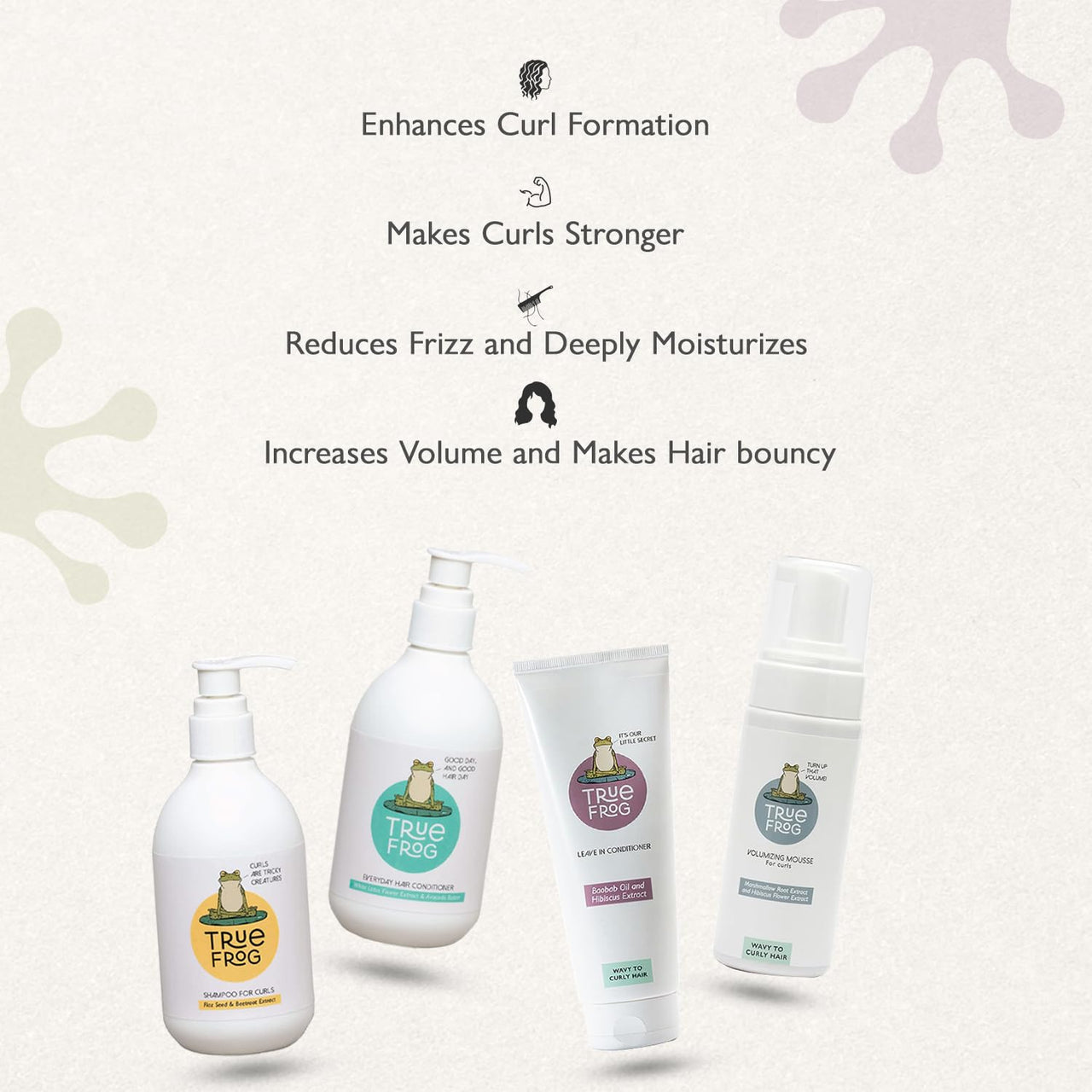 True Frog’s Volumizing Curl Care Combo With Shampoo For Curls - 250 ml, Everyday Hair Conditioner - 250 ml, Leave in Conditioner - 200 ml & Volumzing Mousse - 150ml - (Combo Pack of 4)