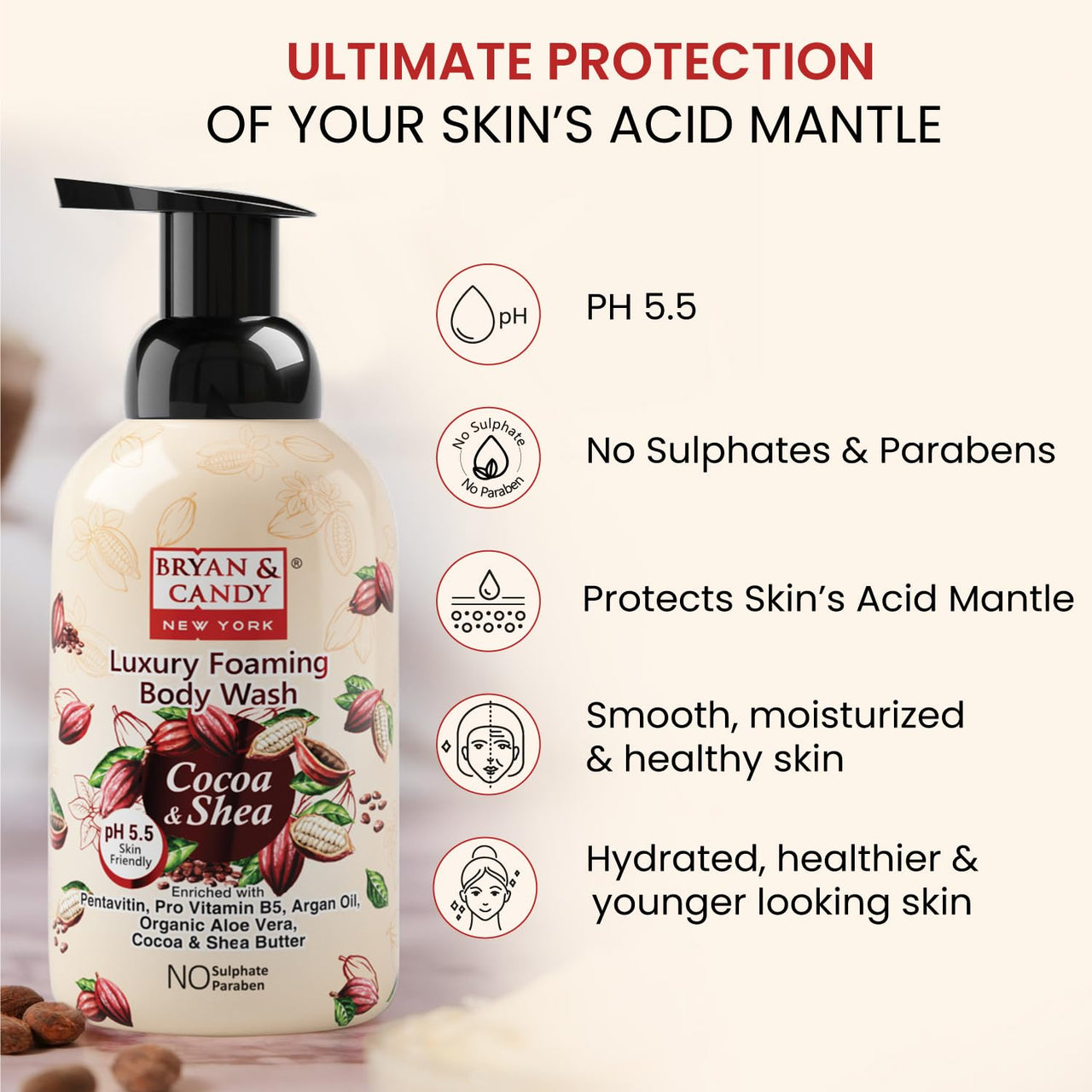 Bryan & Candy Luxury Foaming Body Wash with Pentavitin, Pro Vit B5, Argan Oil, Skin Friendly pH 5.5, All Skin Types, 400 Ml (Cocoa Shea)