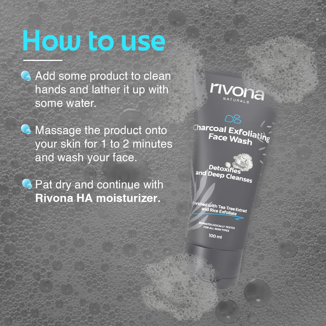 Rivona Naturals Charcoal Face Wash for Men, Anti Pollution and Deep Pore Cleasning with Tea tree and Rice Granules 200ml