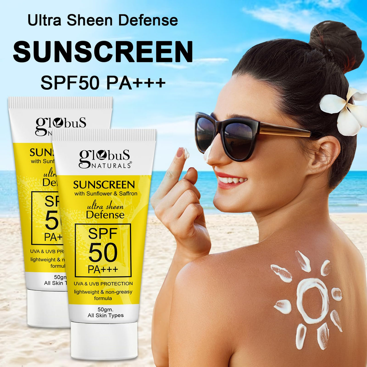 Globus Naturals Sunscreen with Ultra Sheen Defense, SPF 50 PA+++, UVA & UVB Protection, Lightweight & Non-greesy Formula, Normal to Oily Skin, 50 gm (Pack of 2)