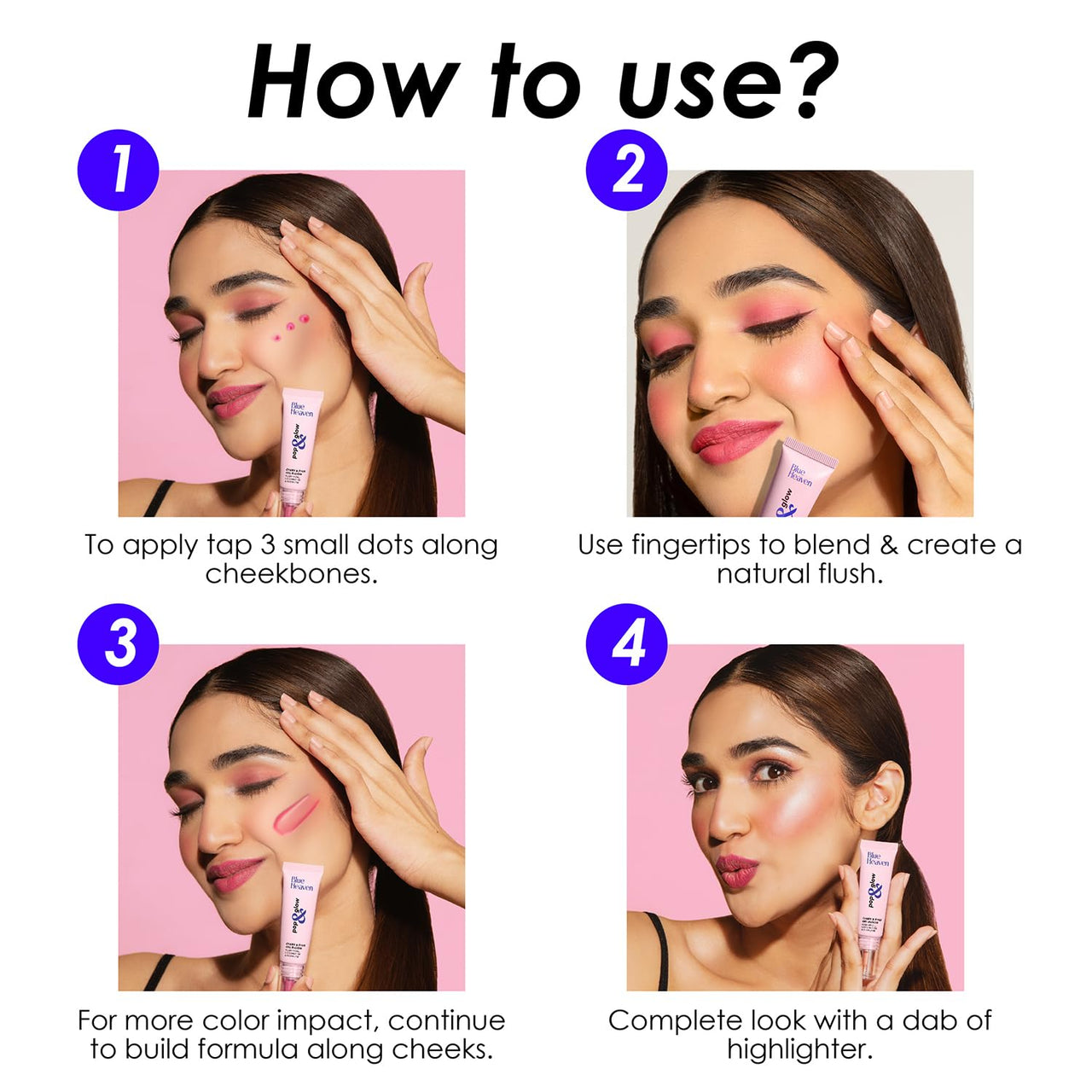 Blue Heaven Pop & Glow Eye & Cheek tint blusher for face makeup, Blush enriched with Rosehip and Coconut oil - Spicy Pink, 12ml