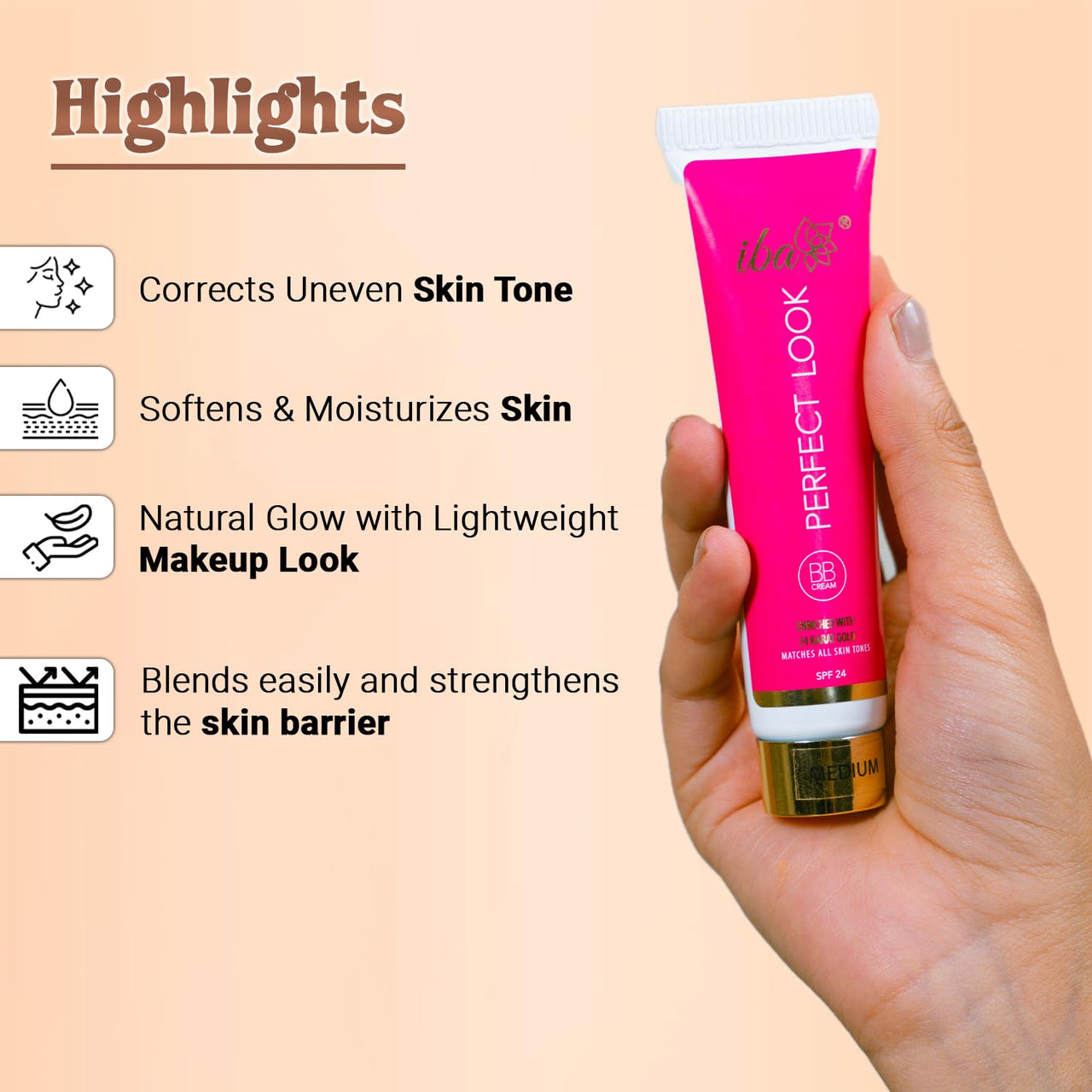 Iba Perfect Look BB Cream With 24 Karat Gold, 30g Light Shade | Even Coverage | Fades Dark Spots & Blemishes | Halal Certified & Vegan Makeup